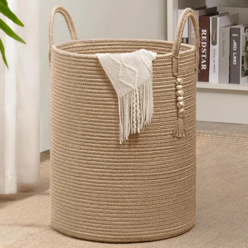 Vista 8 de Goodpick - Cesta tejida de yute para mantas decorativa, cesta de almacenamiento para toallas, zapatos, juguetes, cesta de lavandería alta para sala