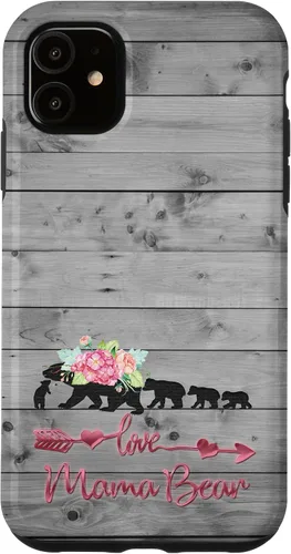 Vista 8 de Pink Floral Black Mama Bear Four Cubs on Vintage Gray Rustic Case for iPhone 17
