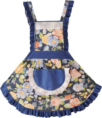 Vista 18 de CRB Fashion Delantal para mujeres para cocinar y hornear Delantales de chef de cocina para damas, mujer, con bolsillo Flor de melocotón azul Lgt