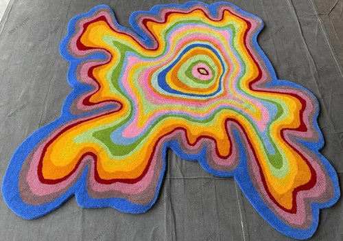 Vista 11 de Alfombra de forma irregular con patrón de ilusión copetuda a mano, 100% lana, hecha a mano (color multicolor, 4 x 4 pies)