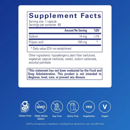 Vista 2 de Pure Encapsulations Ácido R-lipoico (estabilizado) Suplemento hipoalergénico con protección antioxidante mejorada y apoyo metabólico* 60 cápsulas