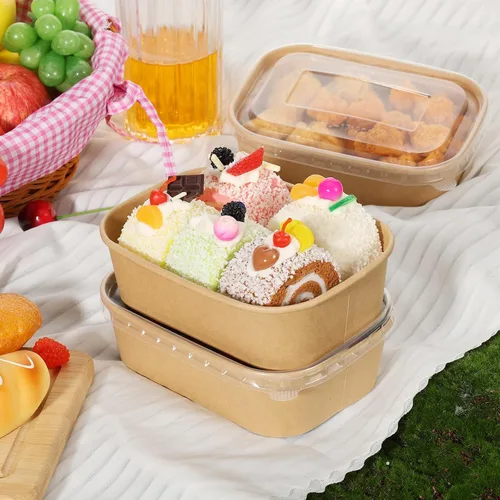 Vista 5 de Paquete de 50 cuencos desechables de papel kraft de 17 onzas con tapas, recipientes rectangulares de preparación de comidas a granel, ensaladera