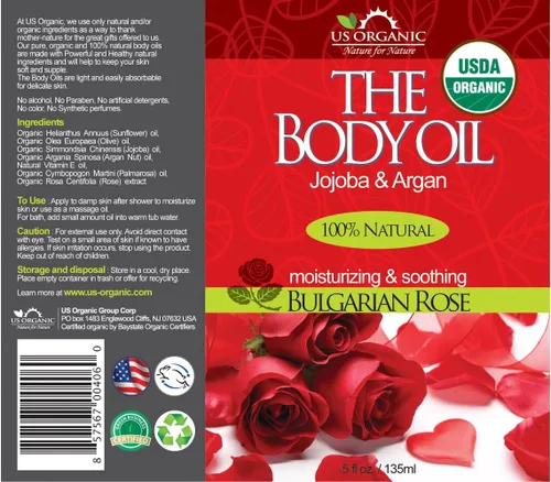 Vista 2 de US Organic Aceite corporal romántica sexy de rosa búlgara, aceite de jojoba y argán con vitamina E, orgánico certificado por USDA, sin alcohol