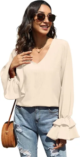 Vista 5 de LYANER Blusa casual de manga larga con cuello en V y volantes para mujer