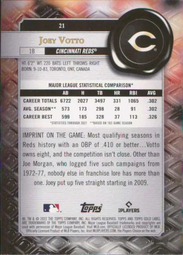 Vista 2 de 2022 Topps Gold Label Class 1#21 Joey Votto Cincinnati Reds Baseball Card - GotBaseballCards