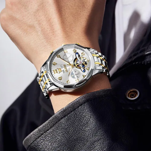 Vista 42 de OLEVS Reloj de pulsera automático con diseño de esqueleto para hombre, de lujo, con diamantes de lujo, de acero inoxidable, calendario, reloj