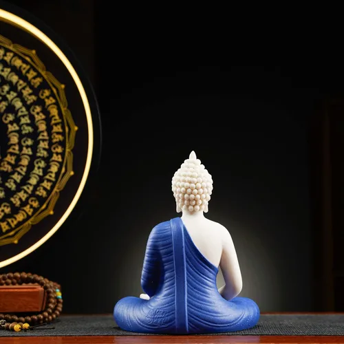 Vista 4 de Houlu Lámpara de mesa LED con estatua de Buda azul y círculo, estatua de Buda de cerámica para decoración del hogar