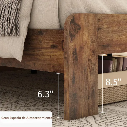 Vista 7 de Marco de cama tamaño matrimonial con cabecero, color marrón oscuro Marco de cama de plataforma de madera rústica con soporte de 12 listones