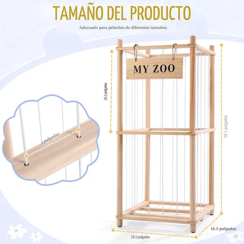 Vista 2 de GLDZI Almacenamiento de Animales de Peluche Zoo, Organizador de Animales de Peluche de Madera con Cuerdas Elásticas para Niños y Niñas, Soporte