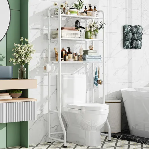Vista 9 de Simple Trending Estante de almacenamiento sobre el inodoro con cajones, estante organizador de baño de metal de 3 niveles con soporte para papel y 3