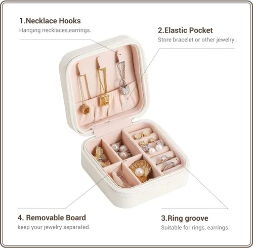 Vista 3 de KKBGN Mini caja de joyería portátil de viaje estuche pequeño organizador de almacenamiento de exhibición para anillos aretes collares pulseras blanco