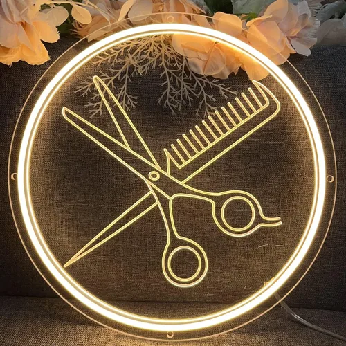 Vista 5 de Letrero de neón de tijeras para decoración de pared, diseño de talla artística 3D, para interiores, dormitorio, letreros de neón LED, telón