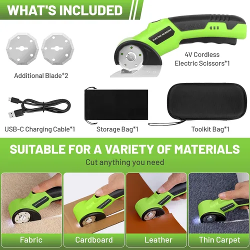 Vista 6 de Tijeras eléctricas inalámbricas, cortador de cartón giratorio recargable de 4 V con 2 cuchillas de bloqueo de seguridad y luz LED, cable USB