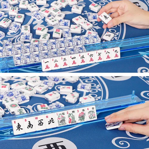 Vista 4 de Juego de Mahjong Americano, 166 Azulejos Premium de Acrílico con Impresiones Azules, 4 Estante/Empujadores de Color Todo en Uno, Juego Completo