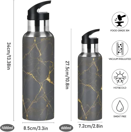 Vista 2 de Stainless Steel Water Bottle 20 Oz, BPA-Free Sport Water Bottle for Gym Outdoor Travel School, Gray Marble Gold Yellow