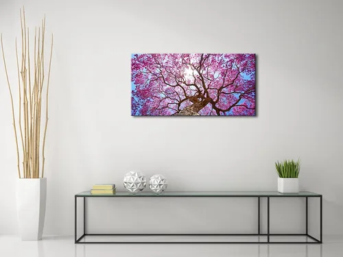 Vista 2 de Pyradecor Lienzo decorativo grande de árbol de cerezo rosa para pared, diseño de paisaje de ramas florales moradas, paisaje de naturaleza moderna