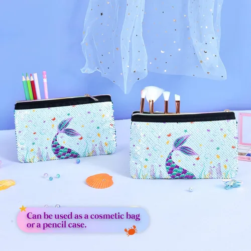 Vista 3 de WERNNSAI Paquete de cordón de sirena lentejuelas azules regalo de sirena para niñas mochila con cordón cosméticos para natación bolsa con cremallera