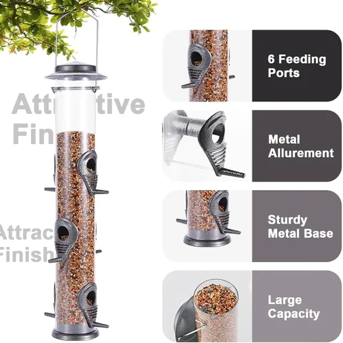 Vista 3 de MIXXIDEA 1PK Alimentadores de pájaros metálicos con 6 puertos de alimentación, alimentador de pájaros de tubo con colgador de acero, alimentador
