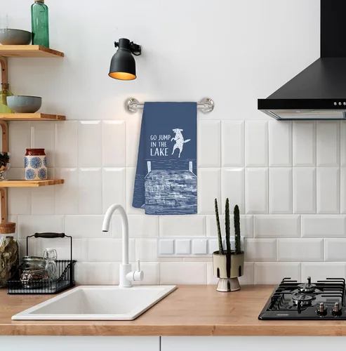 Vista 4 de Toallas de cocina azules con decoración de casa del lago, regalos para casa del lago, toallas de cocina divertidas con temática de perro del lago