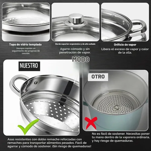 Vista 4 de AuFranc® olla de 4 cuartos de acero inoxidable 18/10 de tres capas con tapa de vidrio templado y vaporera, olla a vapor multiusos compatible