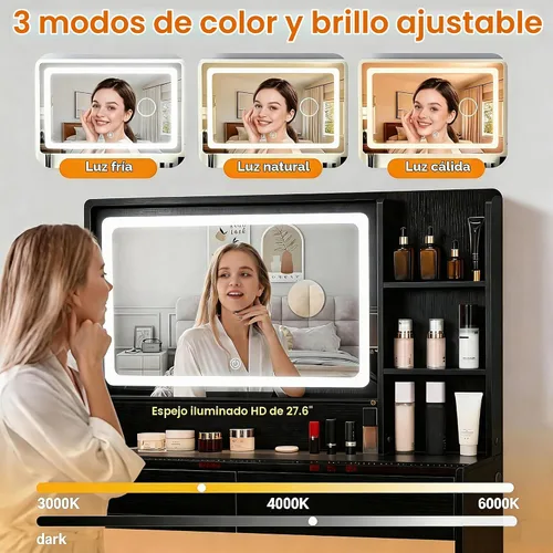 Vista 5 de Escritorio de tocador con espejo y luces, mesa de tocador de maquillaje con parte superior de cristal, tira de luz RGB, brillo ajustable, 2 cajones