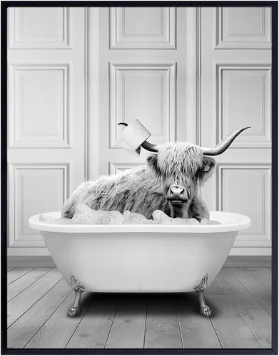 Vista 9 de Arte y decoración de pared de baño, decoración de baño de vaca de las tierras altas, fotos de baño de granja, bonitos accesorios de baño, letrero