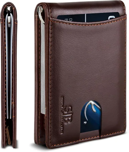 Vista 14 de SERMAN BRANDS RFID Blocking Slim Bifold Genuine Leather Minimalist Front Pocket Wallets for Men with Money Clip Thin Gift Azul Atlántico 1.S