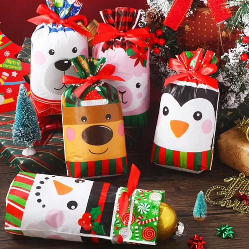 Vista 3 de Funrous 50 bolsas de dulces de Navidad a granel, bolsas de plástico con cordón de regalo, alce, muñeco de nieve, pingüino, bolsas de regalos