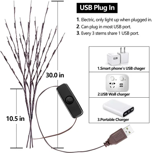 Vista 5 de KXCOFTXI Paquete de 3 ramitas de luces, ramas preiluminadas, luces de ramas con enchufe USB con 60 bombillas LED, luces decorativas románticas