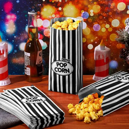 Vista 4 de Sherr 1000 Piezas Bolsas de Palomitas de Maíz de 1 Onza a Granel Negras con Rayas Retro Desechables para Noches de Película Navidad Circo Carnaval
