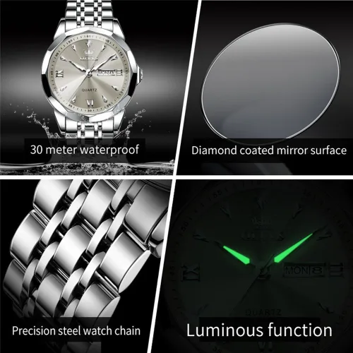Vista 5 de OLEVS Reloj para hombre de acero inoxidable, cronógrafo, cara grande, fácil de leer, relojes analógicos de cuarzo de lujo, impermeables, con fecha