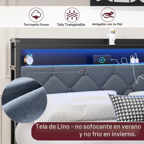 Vista 3 de SUNLEI Base de cama Queen con luz LED y 2 cajones, plataforma de metal con estación de carga y cabecera de almacenamiento de tela de lino, listones