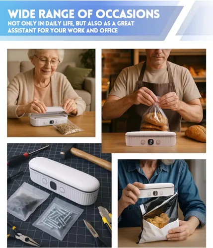 Vista 7 de Mini sellador de bolsas con 4 modos ajustables, sellador térmico recargable de 4000 mAh para bolsas de plástico, apagado automático y tiras