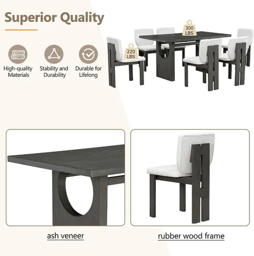 Vista 5 de Merax Juego de comedor retro de 7 piezas para 6, mesa rectangular de madera de goma con base de caballete diseñada y 6 sillas tapizadas para comedor