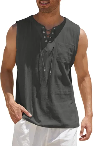 Vista 8 de COOFANDY - Camisetas sin mangas de algodón y lino para hombre, estilo hippie, con diseño de encaje, para la playa, estilo bohemio, renacentista
