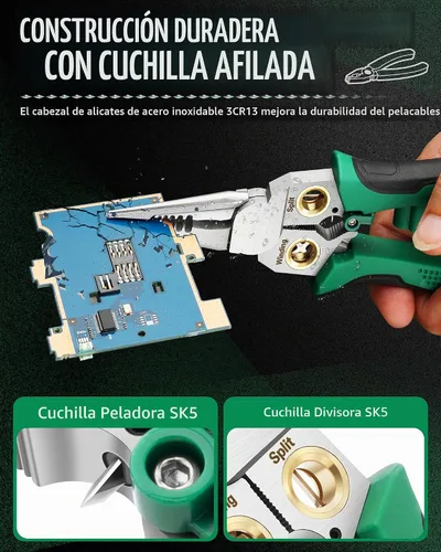 Vista 6 de Pelacables de 8 en 1, herramienta de pelado de cables con probador de voltaje, cortadores de cable con alicates, torsión, crimpadora, división