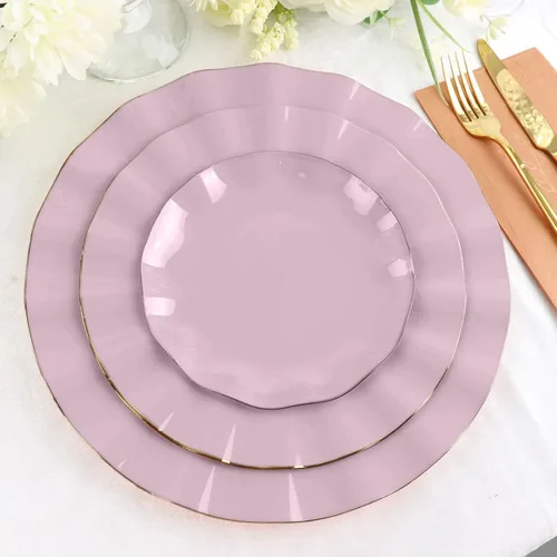 Vista 149 de Tableclothsfactory Paquete de 10 platos redondos de plástico negro de 6 pulgadas para ensalada de postre, platos desechables con borde ondulado