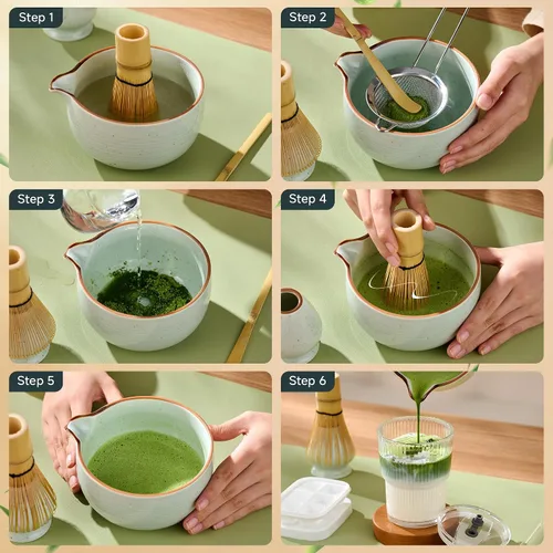 Vista 8 de Juego de batidor de matcha, kit completo de matcha con cuenco, batidor y soporte de bambú, cuchara, tamiz, taza de vidrio con tapa y pajita, bandeja