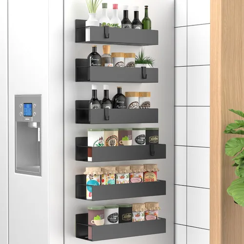 Vista 19 de HuggieGems Paquete de 6 organizadores magnéticos de almacenamiento de especias para refrigerador y horno, organizadores negros para nevera