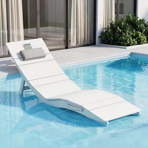 Vista 11 de Juego de 4 sillas de piscina para exteriores, resistentes a la intemperie, sillas de bronceado plegables con reposacabezas, soporta hasta 400 Azul