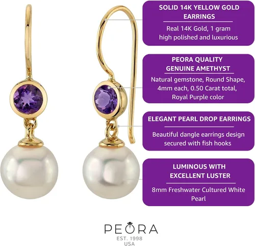 Vista 5 de Peora Aretes colgantes de oro amarillo de 14 quilates, perlas blancas cultivadas en agua dulce de 0.315 in y amatista genuina para mujer, piedra