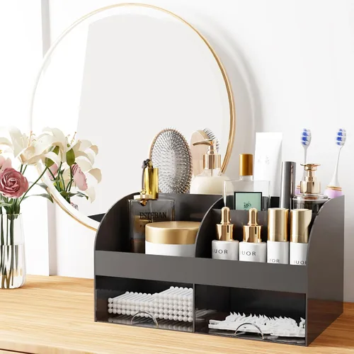 Vista 4 de Organizador de maquillaje con cajones, almacenamiento de cosméticos para tocador y encimera de baño, soporte de belleza para lápiz labial y brochas
