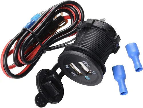 Vista 4 de 5V 3.1A impermeable motocicleta dual USB cargador de coche LED luz de carga zócalo divisor adaptador de salida con cable tornillo conjunto