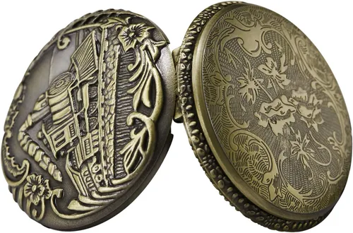 Vista 4 de Reloj de bolsillo con tren de vapor de cuarzo para hombres y mujeres con cadena, bronce, Bronce 1, Retro