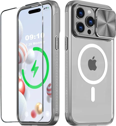Vista 18 de Funda MagSafe transparente de titanio compatible con iPhone 15 Pro con cubierta deslizante para cámara, imanes fuertes, antiamarilleo, a prueba