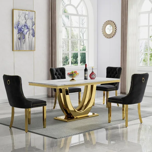 Vista 103 de Juego de mesa de comedor de mármol sintético, 7 piezas, juego de mesa de cocina y comedor para 6, mesa de comedor rectangular blanca de 70 pulgadas
