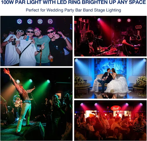 Vista 5 de Luces LED Par de escenarios: 100 W regulables de doble efecto 10 anillos LED rodeado de 14 RGBW Par Can - Control remoto y DMX - para fiesta de DJ