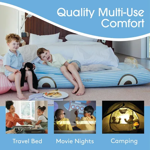 Vista 5 de FUNBOY Cama de viaje infantil azul inflable y colchón. Perfecta para fiestas de pijamas. Incluye bolsa de almacenamiento y transporte, individual