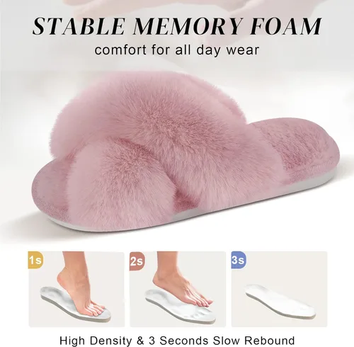 Vista 3 de Parlovable Women's Cross Band Slippers Fuzzy Soft House Slippers Plush Furry Warm Cozy Open Toe Fluffy Home Shoes Comfy Indoor Outdoor Slip On