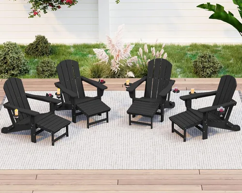 Vista 20 de KINGYES Silla Adirondack plegable ajustable con otomana y 2 portavasos, silla reclinable Adirondack HDPE con reposapiés, Aruba